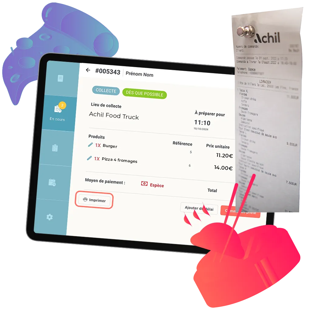 Illustration d'une tablette avec un ticket de commande en ligne food truck