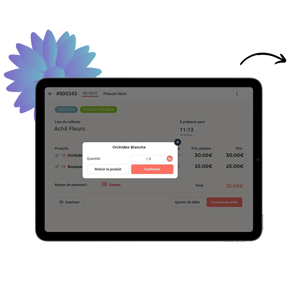 mockup d'une tablette sur comment modifier une commande en click and collect d'un magasin de fleurs