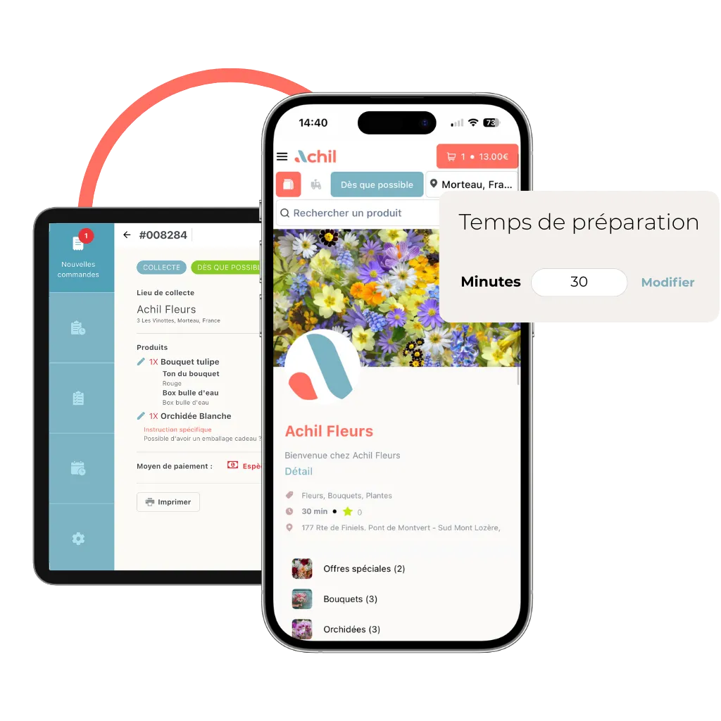 Détail d'une commande en click and collect passée depuis la boutique en ligne d'un magasin de fleurs avec le temps de préparation de celle-ci.