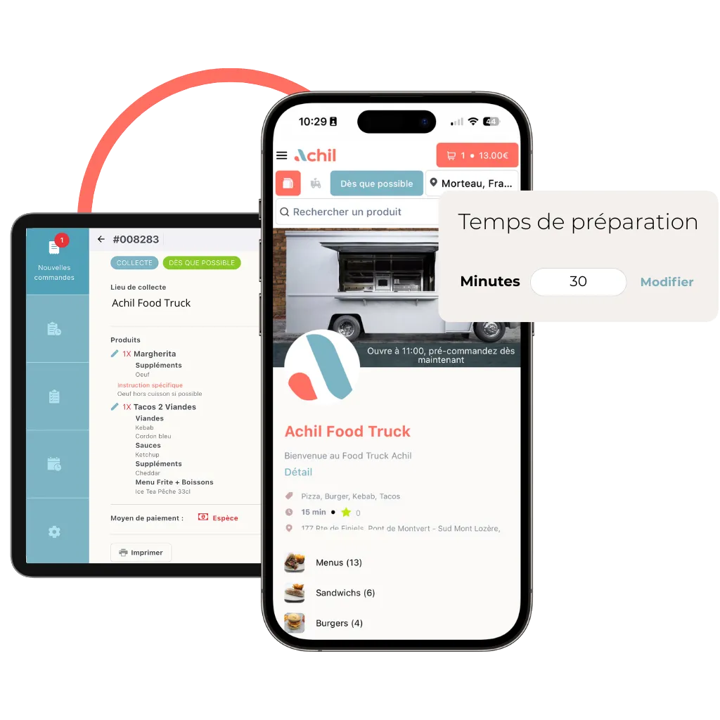 Mockup d'un téléphone et d'une tablette pour définir le temps de préparation d'une boutique en ligne d'un food truck