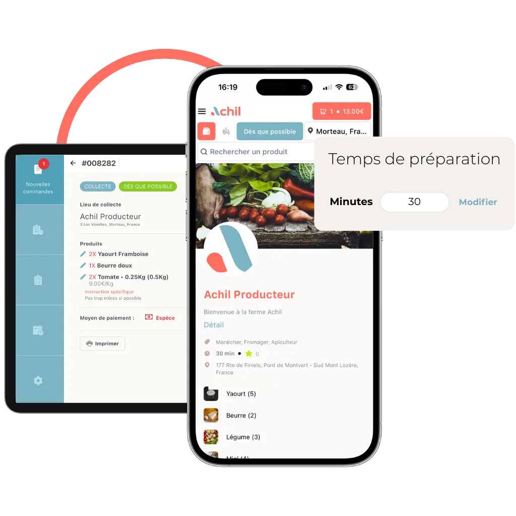 Mockup d'un téléphone et d'une tablette pour définir le temps de préparation d'une boutique en ligne d'un producteur