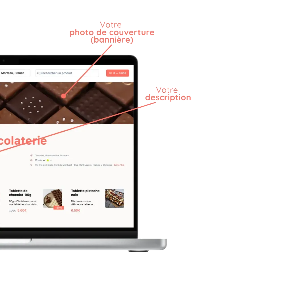 mockup d'un ordinateur avec la personalisation d'un site de commande en ligne d'une chocolaterie