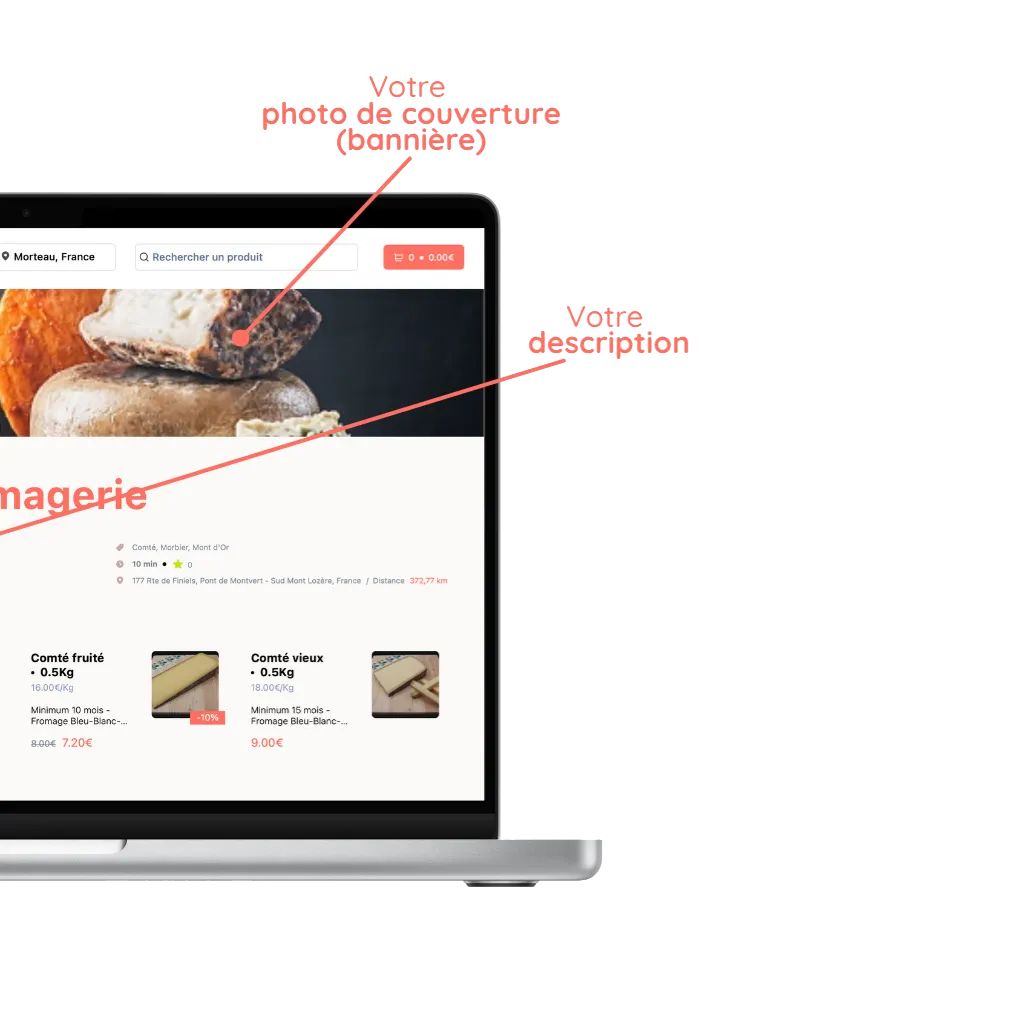 mockup d'un ordinateur avec la personalisation de la boutique en ligne pour fromager