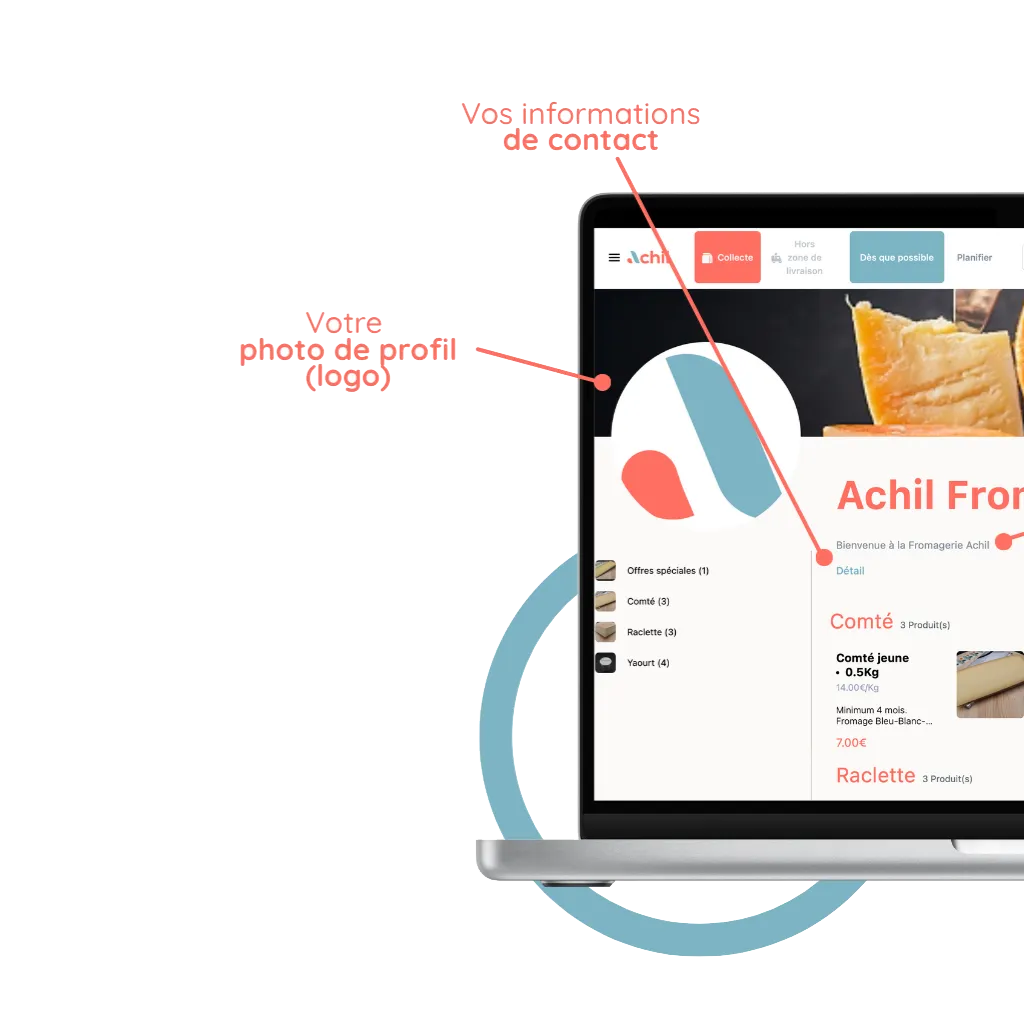 mockup d'un ordinateur avec la personalisation de la boutique en ligne d'une fromagerie