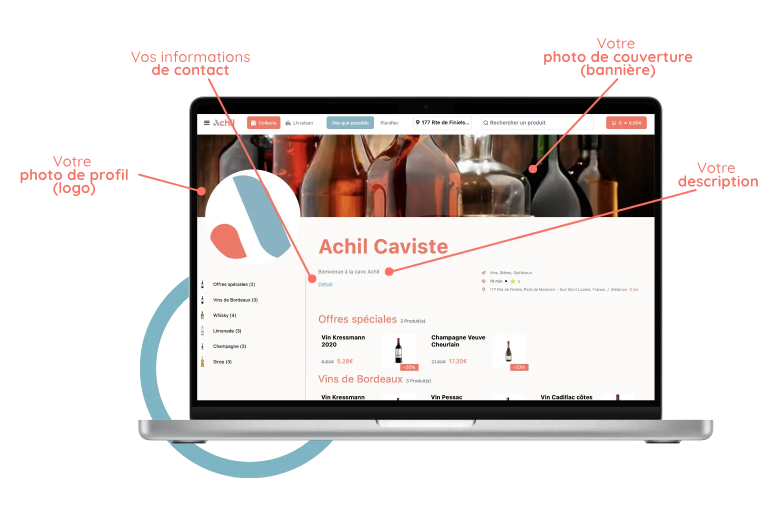 mockup d'un ordinateur avec la personalisation de la boutique en ligne d'une cave à vin