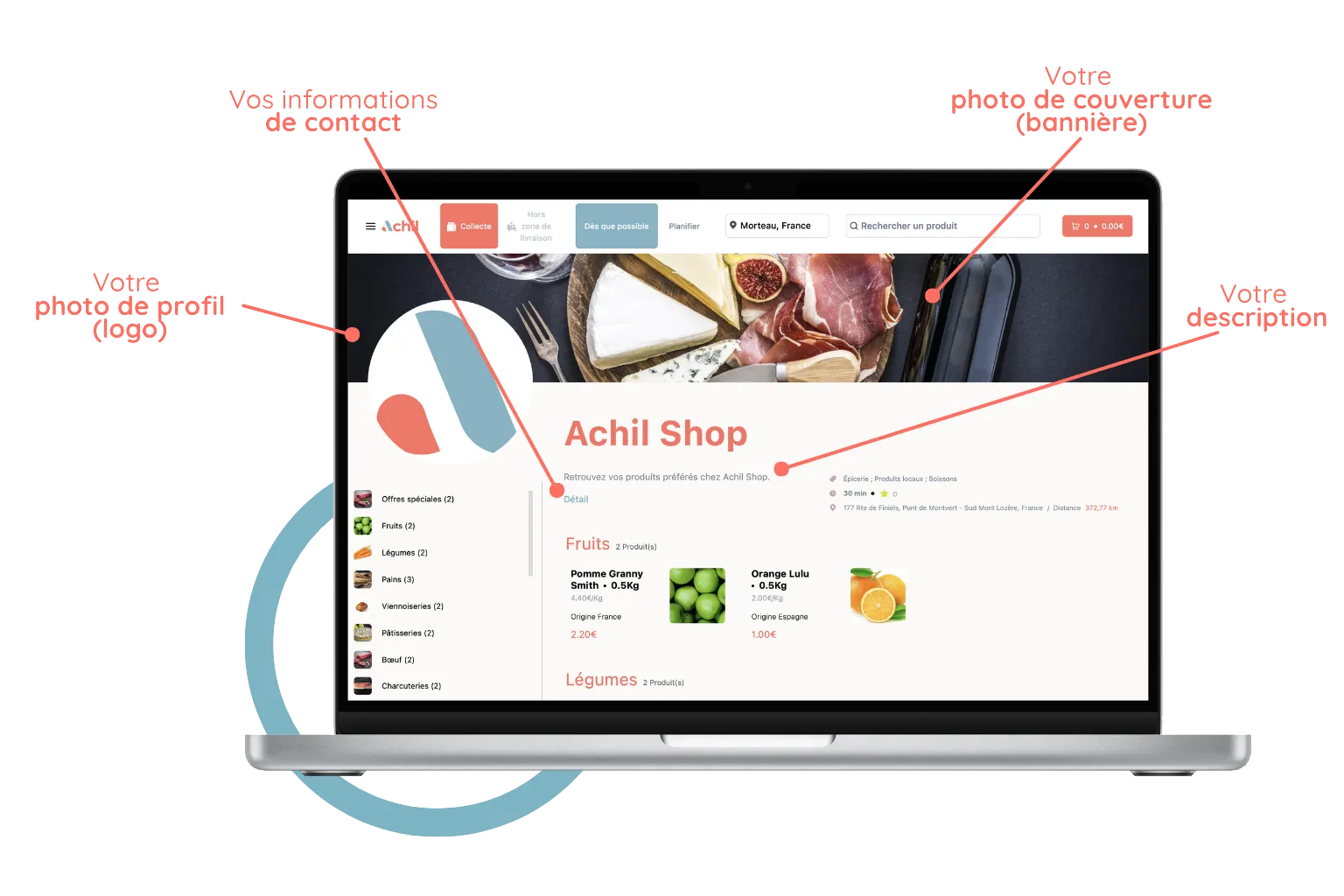 mockup d'un ordinateur avec la personalisation de la boutique en ligne d'une épicerie