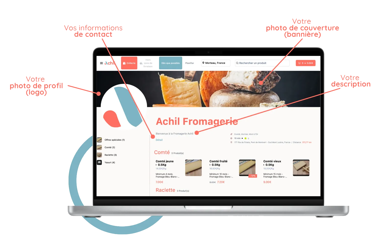 mockup d'un ordinateur avec la personalisation de la boutique en ligne d'une fromagerie
