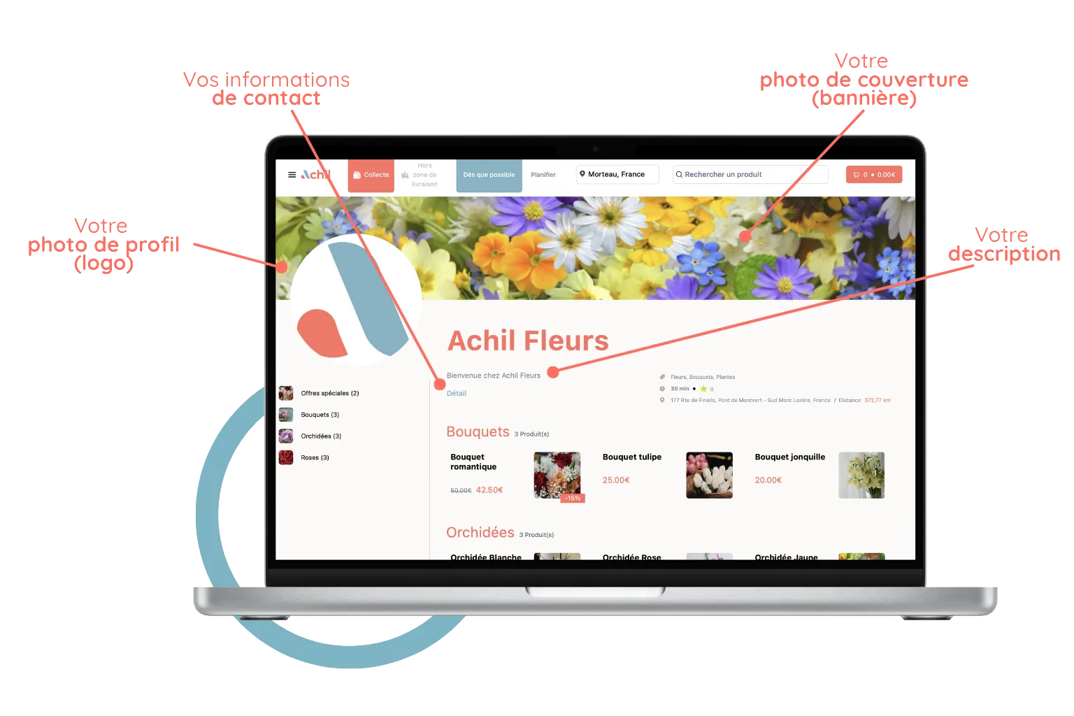 mockup d'un ordinateur avec la personalisation de la boutique en ligne d'un magasin de fleurs