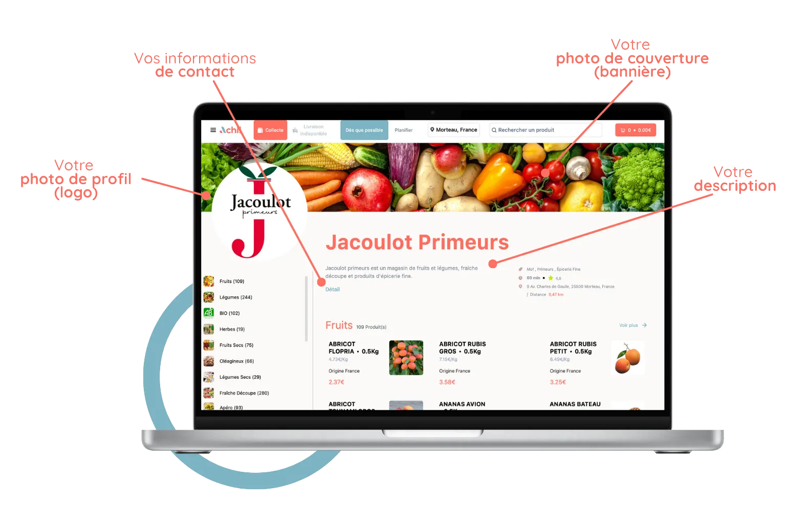mockup d'un ordinateur avec la personalisation de la boutique en ligne d'un primeur