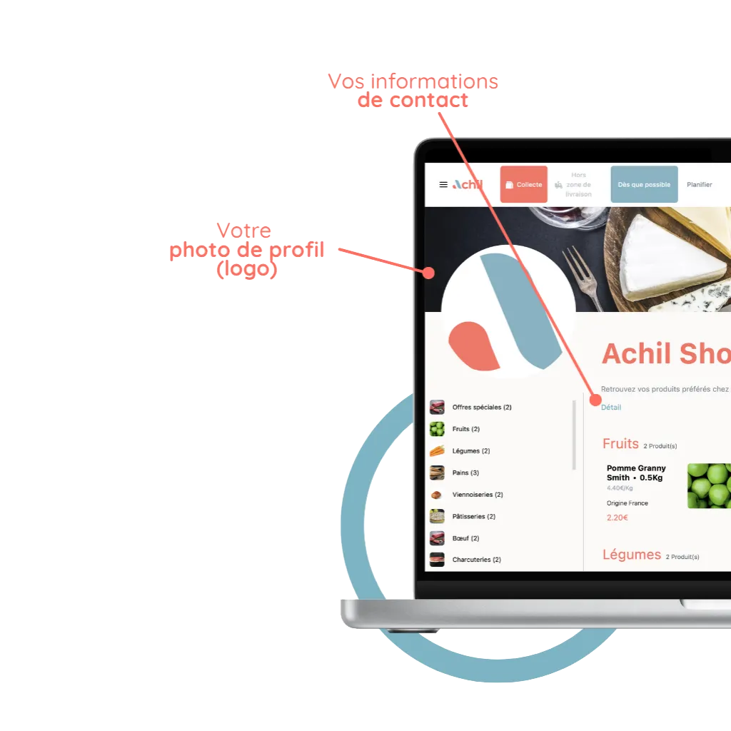 mockup d'un ordinateur avec la personalisation de la boutique en ligne d'une épicerie