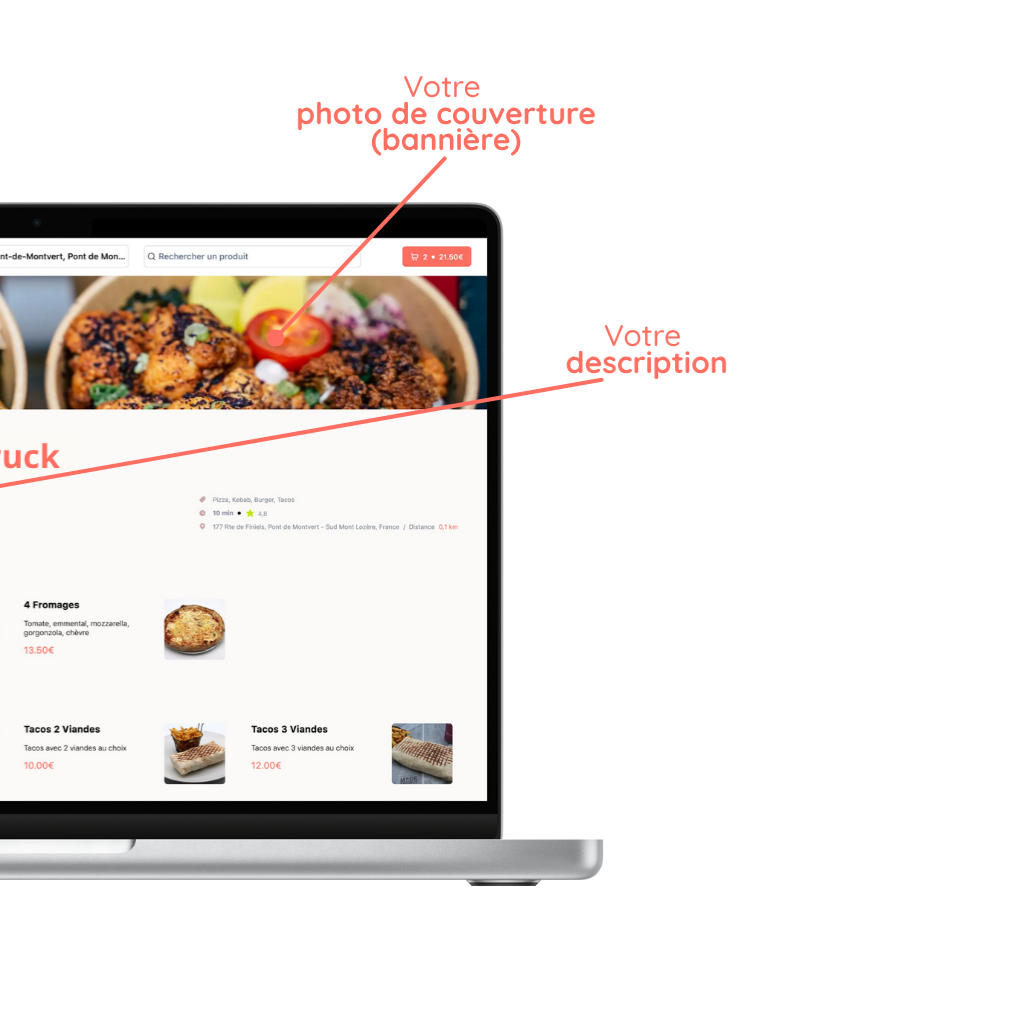 mockup d'un ordinateur avec la personalisation de la boutique en ligne d'un food truck