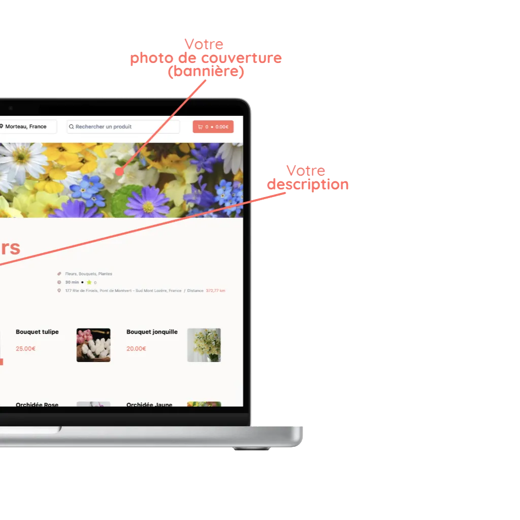 mockup d'un ordinateur avec la personalisation de la boutique en ligne d'un magasin de fleurs