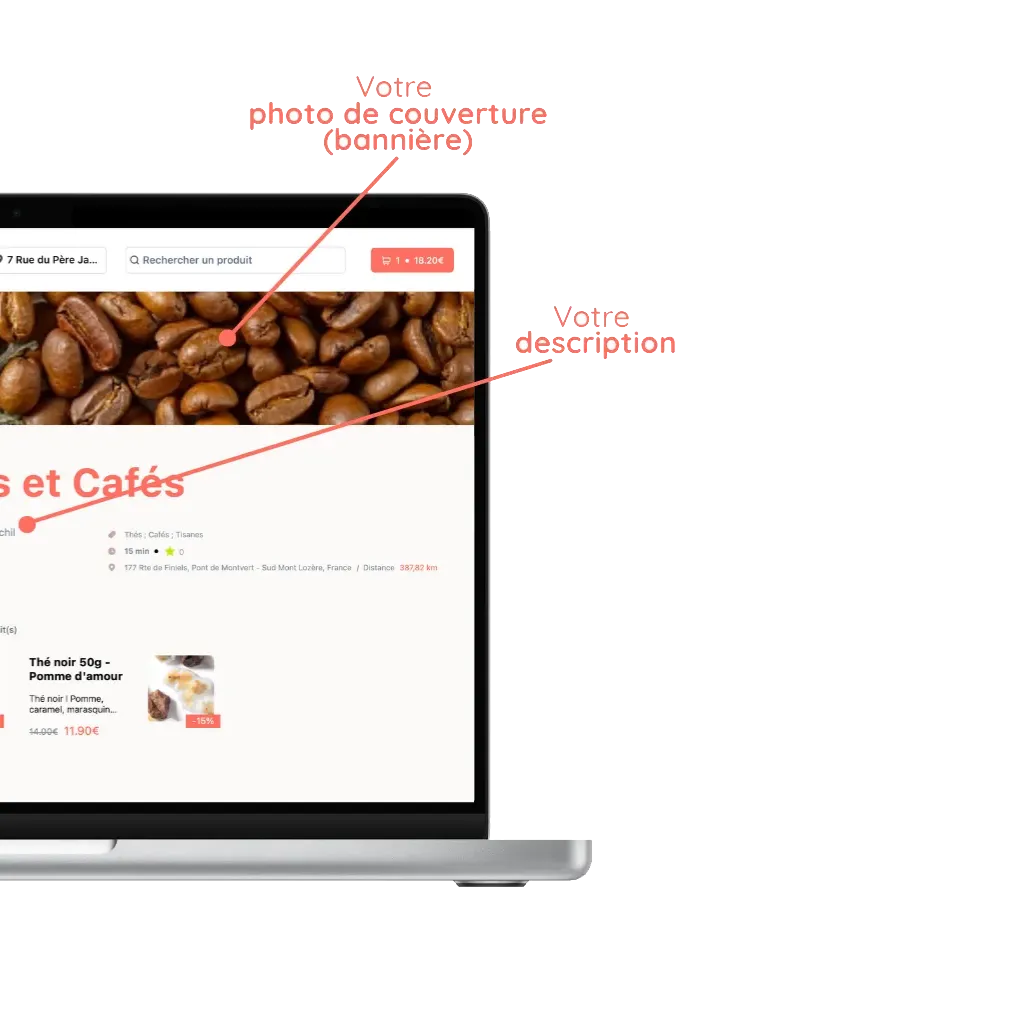 mockup d'un ordinateur avec la personalisation d'un site de commande en ligne d'un magasin de thés et cafés