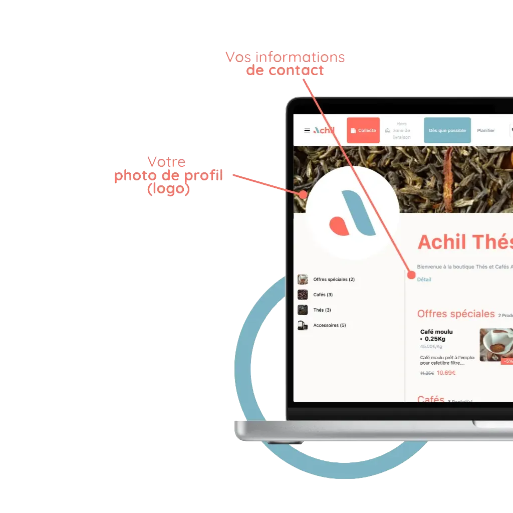 mockup d'un ordinateur avec la personalisation d'un site de commande en ligne d'un magasin de thés et cafés