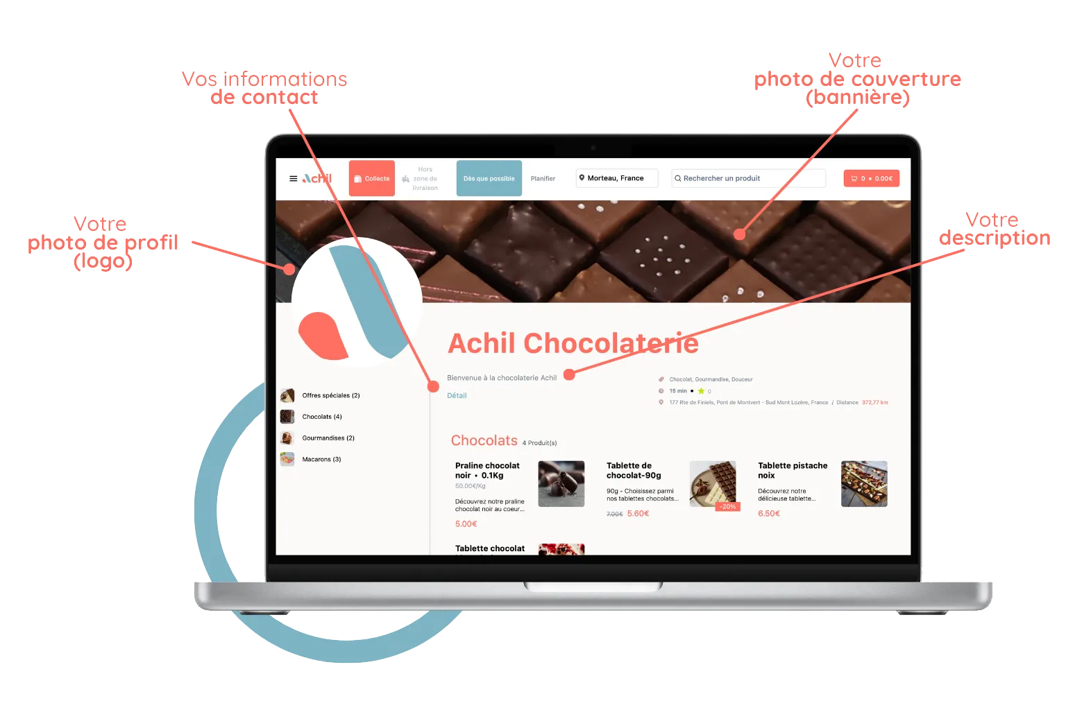 mockup d'un ordinateur avec la personalisation de la boutique en ligne d'une chocolaterie
