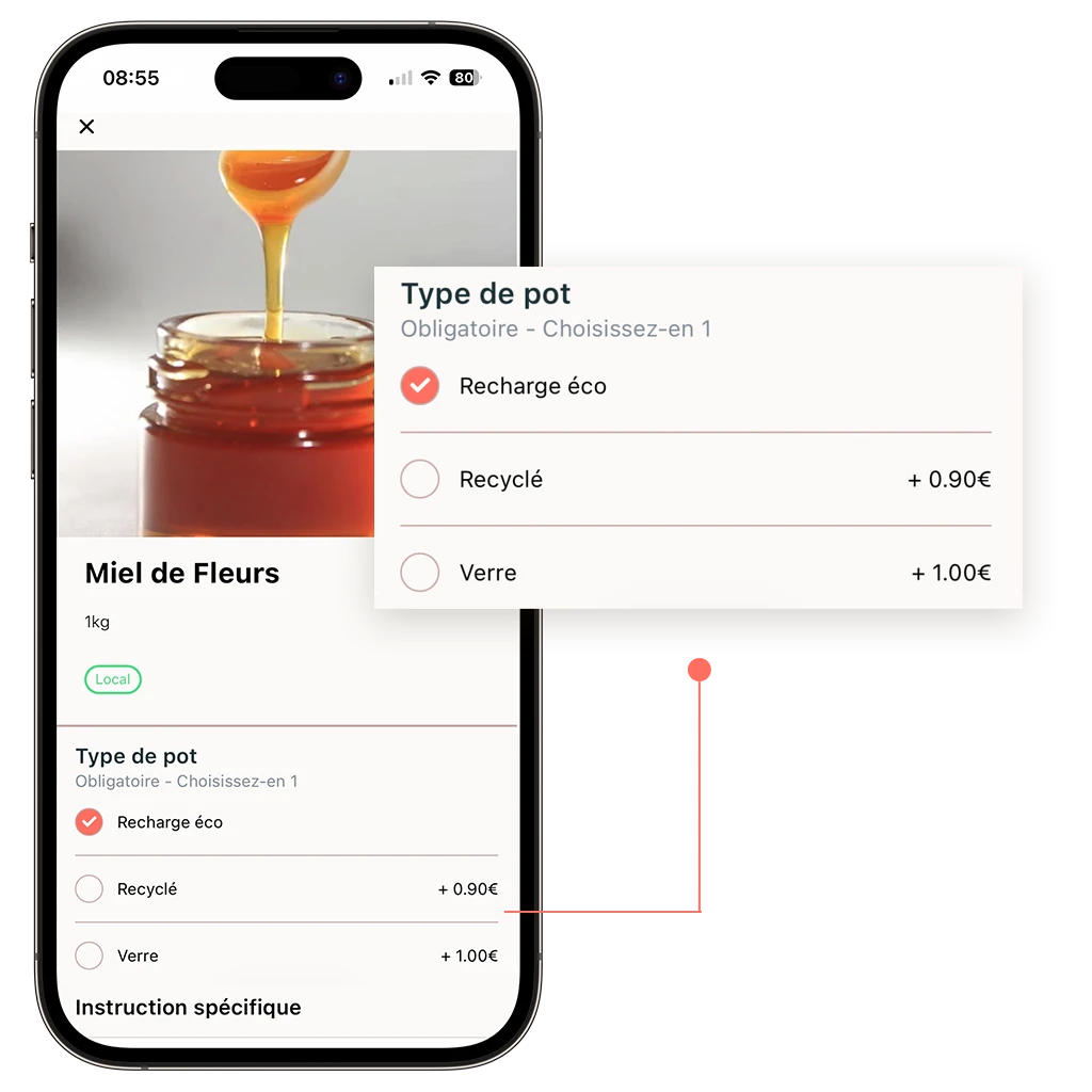 mockup d'un téléphone sur une page produit d'un producteur qui vendu du miel en click and collect et qui propose une option obligatoire à sélectionner