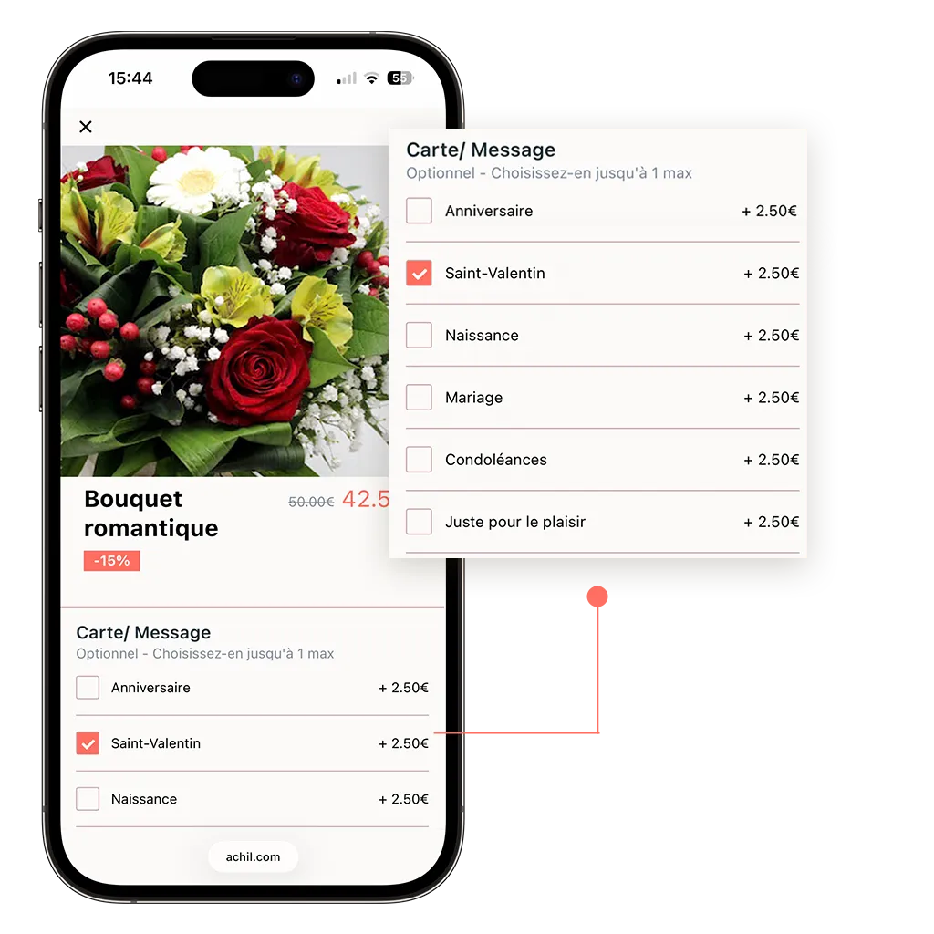 boutique de commande en ligne pour fleuriste qui propose des options supplémentaire à ses produits