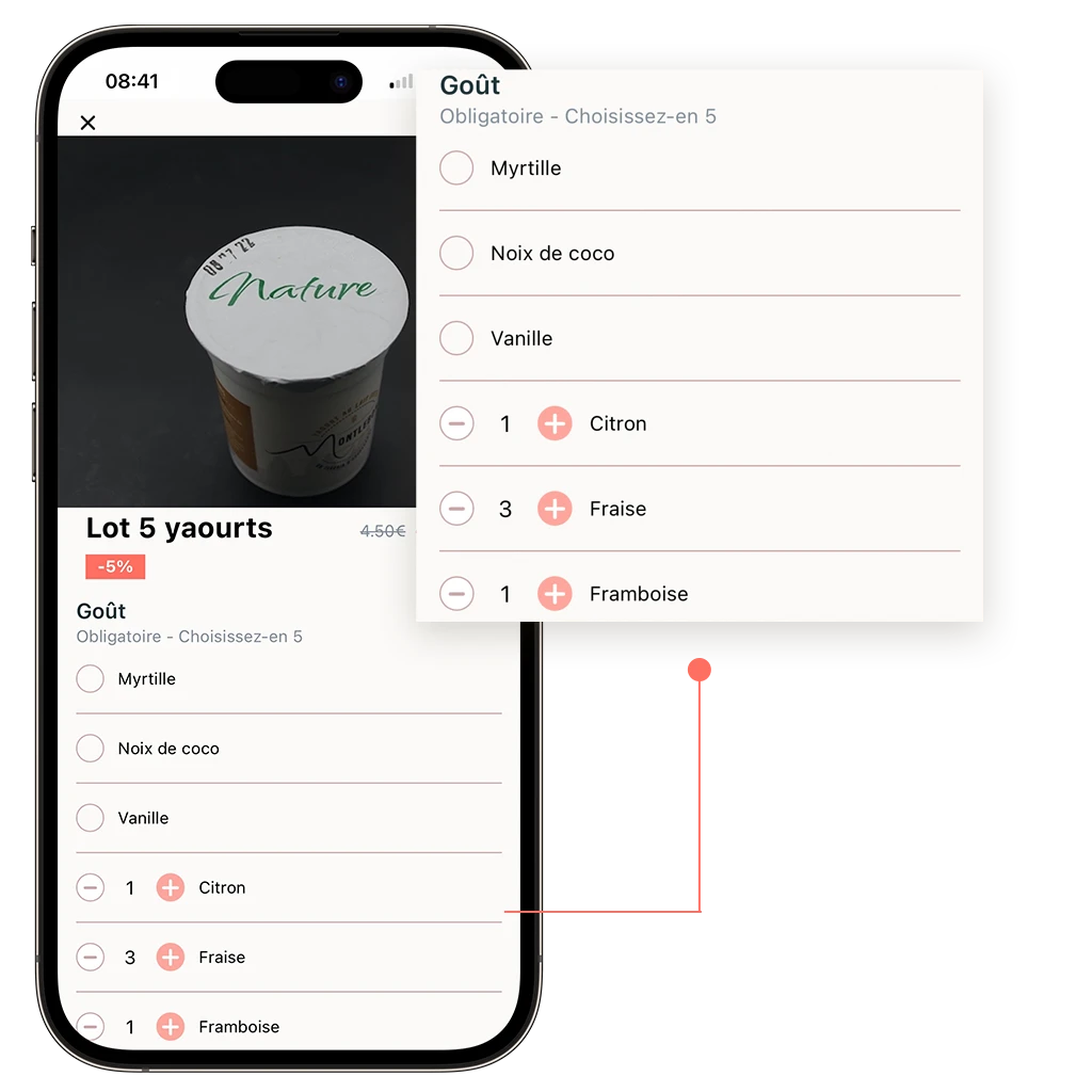mockup d'un téléphone sur la page produit d'un producteur qui vend des yaourt en click and collect et qui propose des options obligatoire à sélectionner