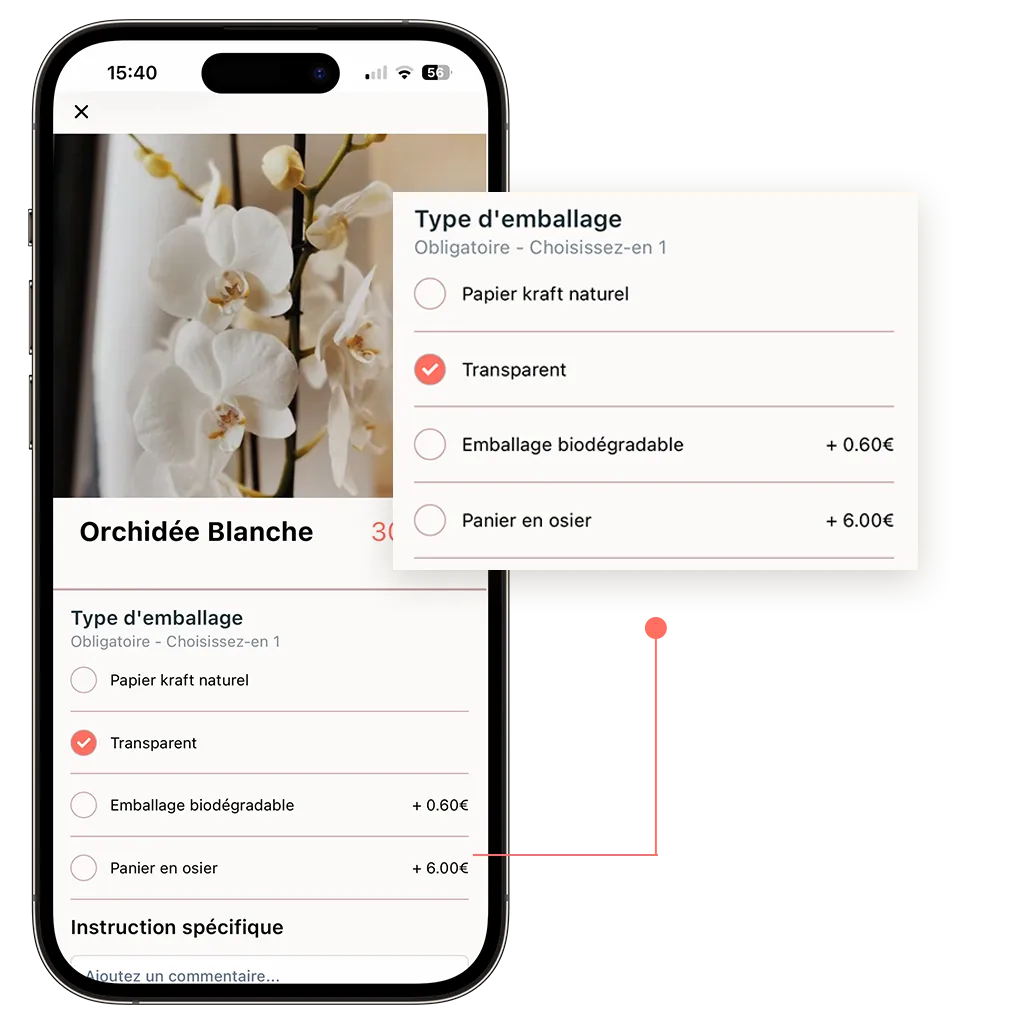 site de commande en ligne d'un fleuriste qui propose des options obligatoires à ses produits