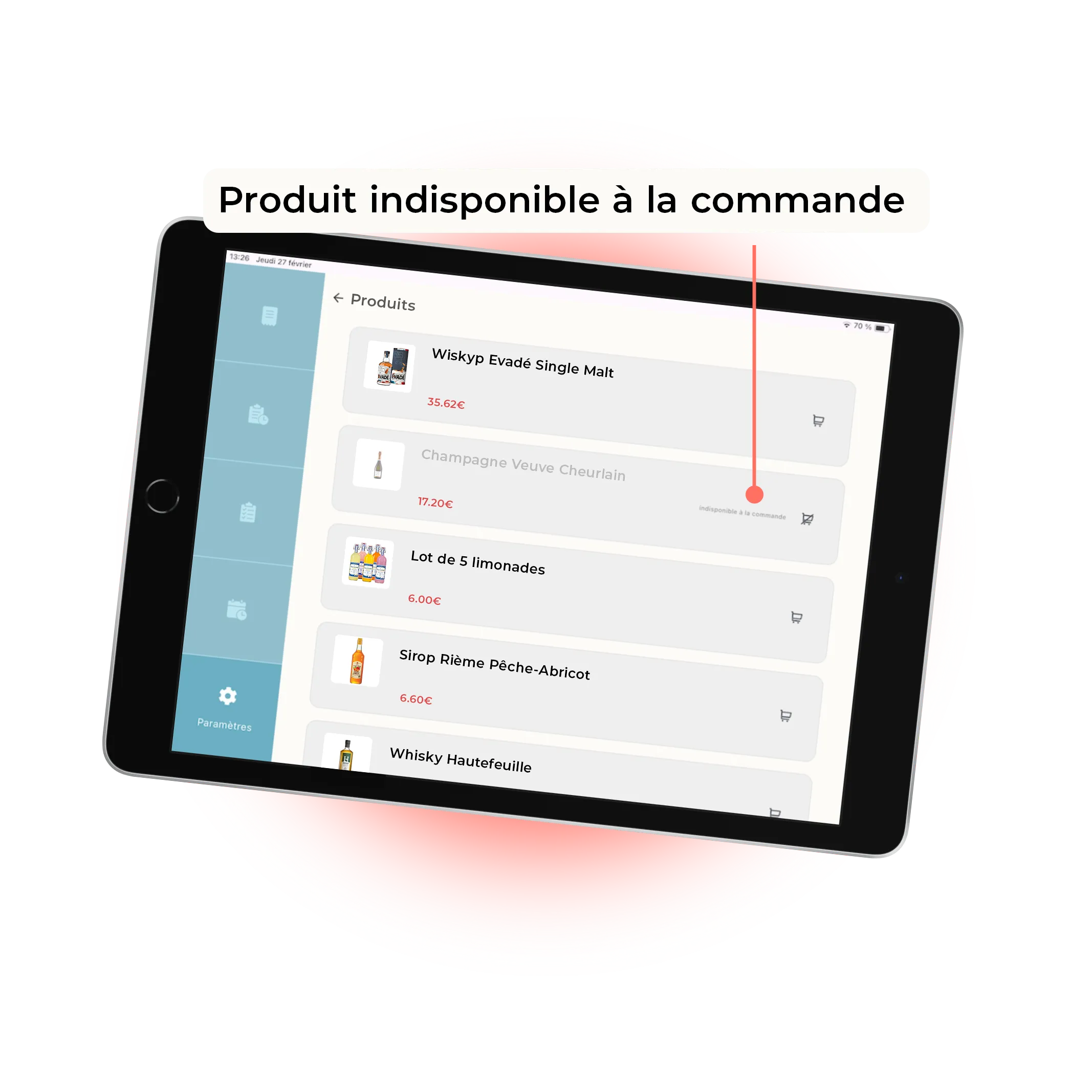 mockup d'une tablette pour mettre un produit indisponible à la commande en ligne d'un caviste