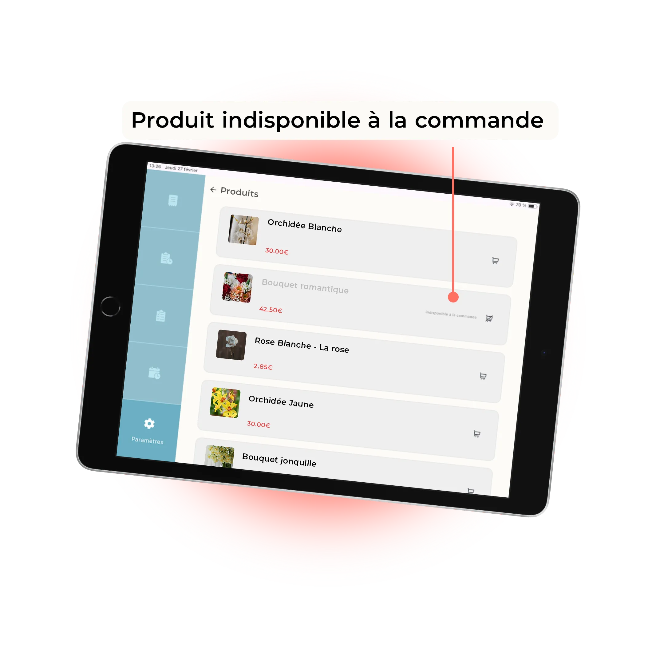 mockup d'une tablette pour mettre un produit indisponible à la commande en ligne d'un fleuriste