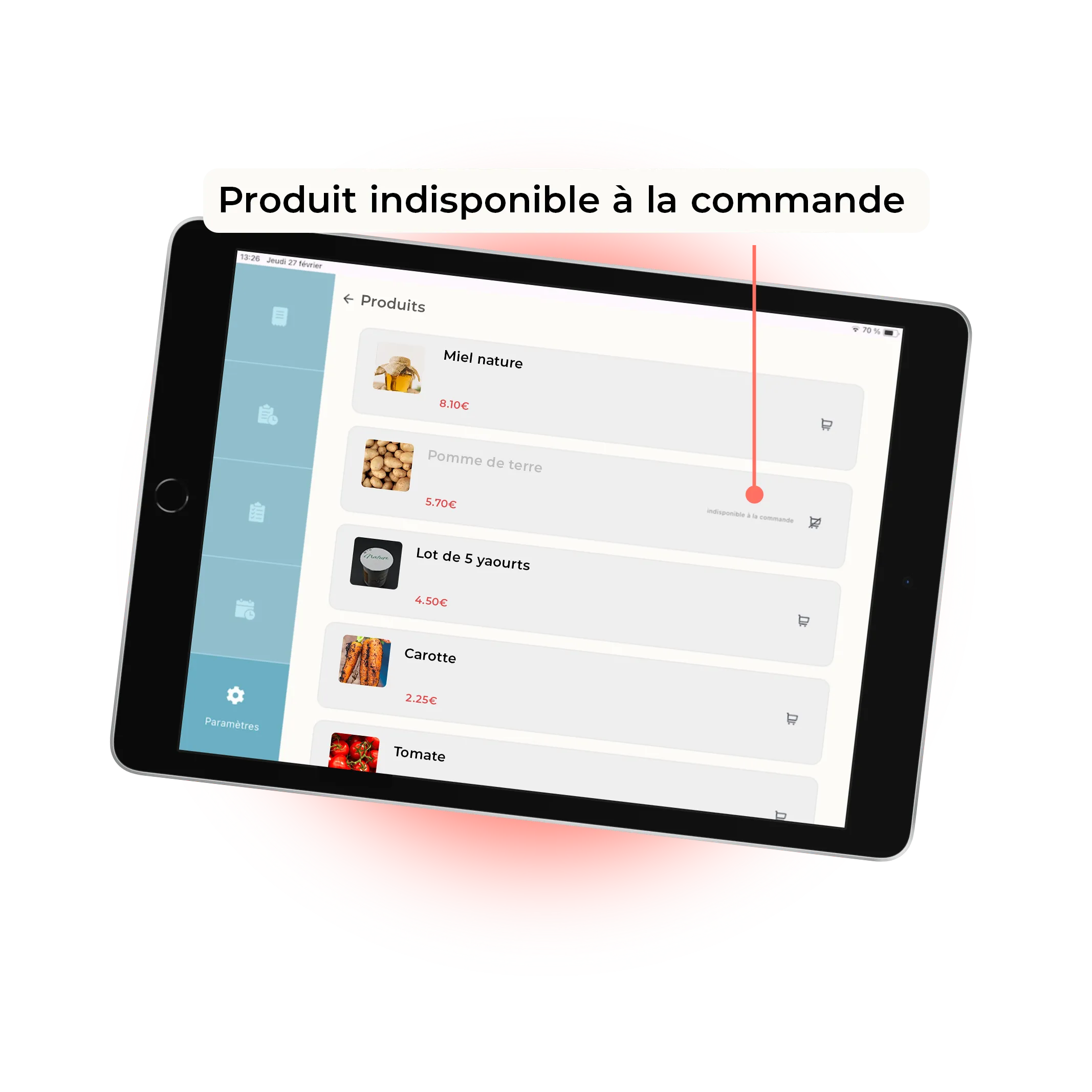 mockup d'une tablette pour mettre un produit indisponible à la commande en ligne d'un producteur