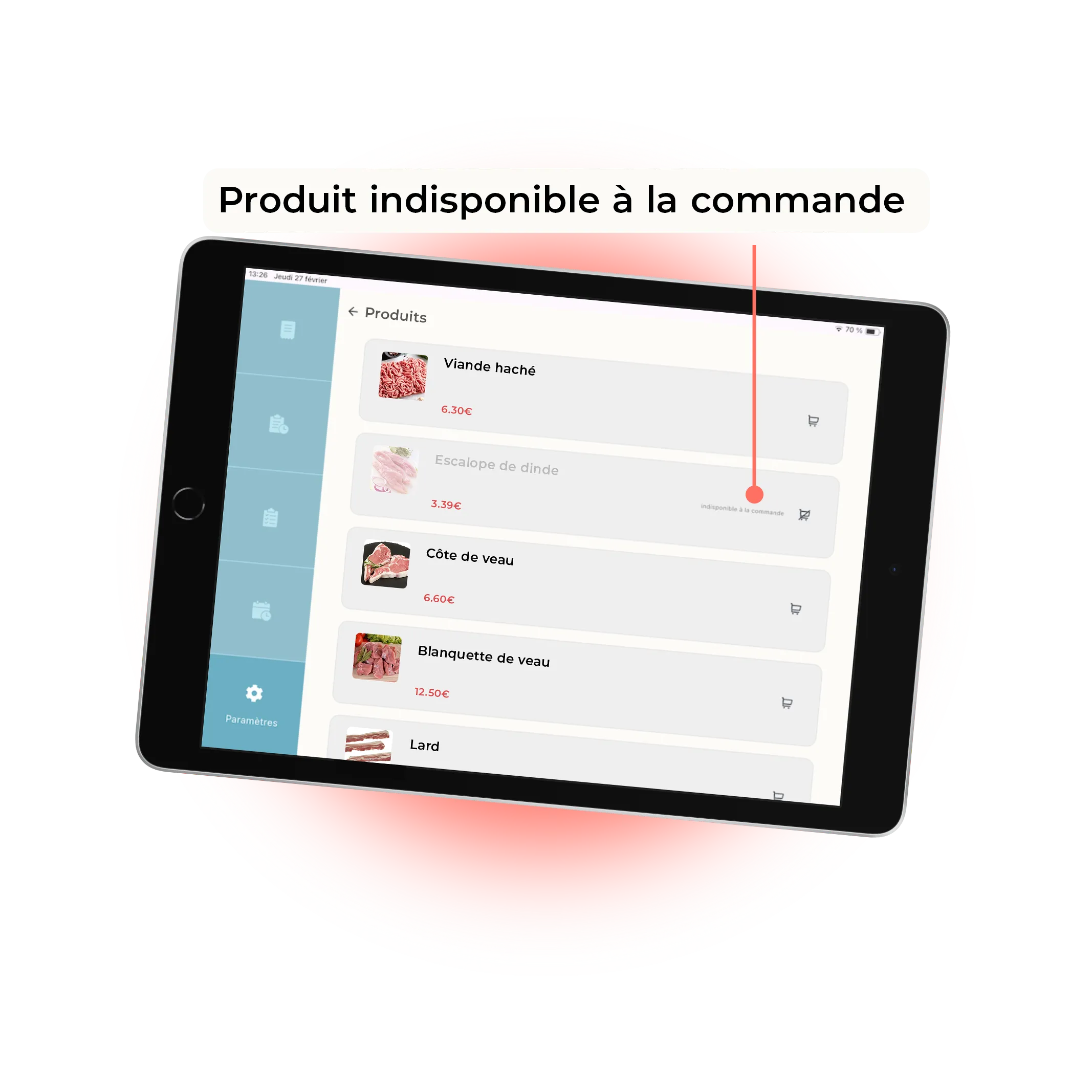 mockup d'une tablette pour mettre un produit indisponible à la commande en ligne d'une boucherie charcuterie traiteur