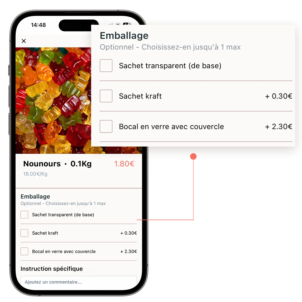 mockup d'un site de commande en ligne pour confiserie qui propose des options payantes à ses produits vendus en ligne