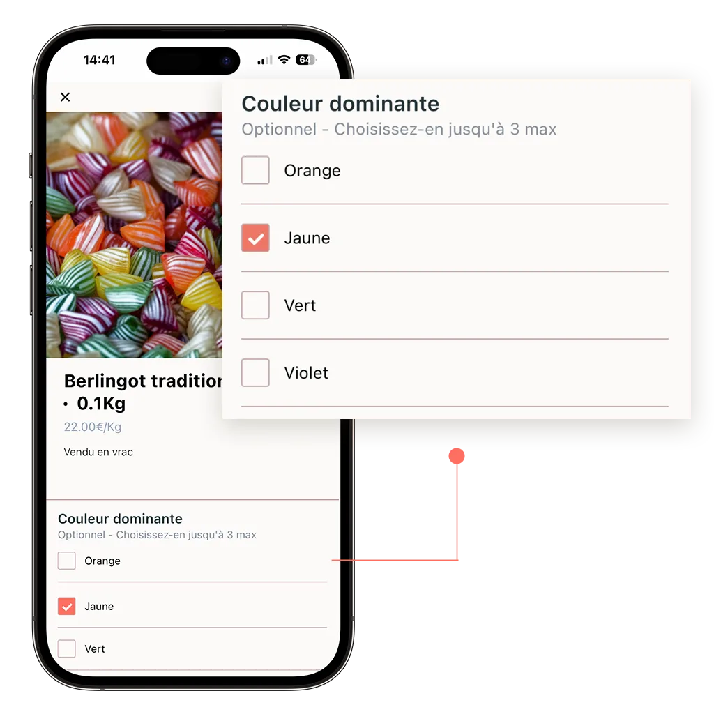 mockup d'une boutique en ligne d'une confiserie qui ajoute des options optionnelles non payantes à ses produits vendus en ligne