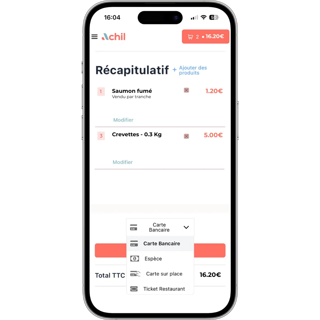 Mockup téléphone d'une page de paiement sur la boutique en ligne d'une poissonnerie