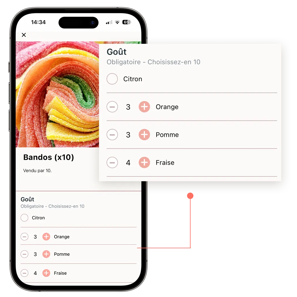 mockup d'un site de commande en ligne ed confiserie qui ajoute des options obligatoire multiples à ses produits vendus en ligne