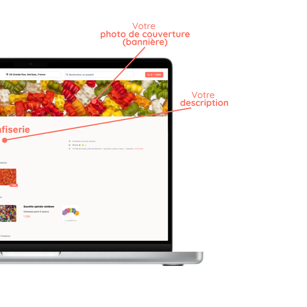 mockup d'un ordinateur avec la personalisation d'un site de commande en ligne de confiserie