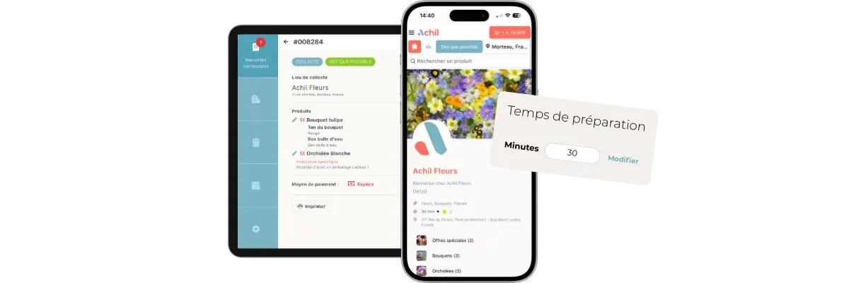 Détail d'une commande en click and collect passée depuis la boutique en ligne d'un magasin de fleurs avec le temps de préparation de celle-ci.