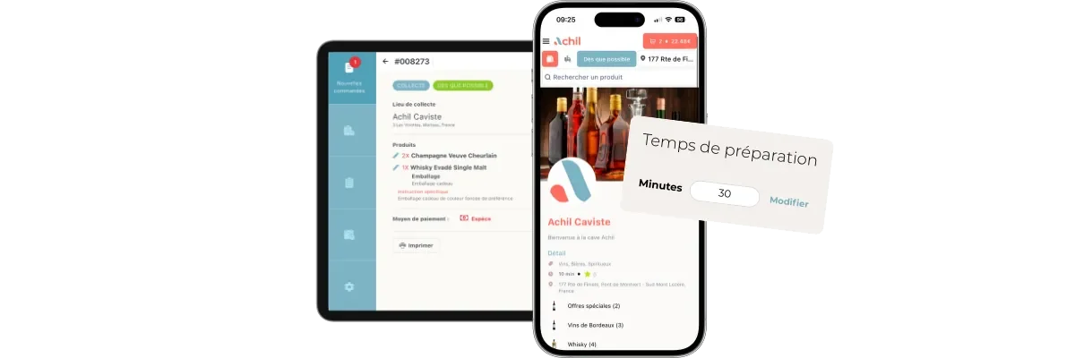 Détail d'une commande en click and collect passée depuis la boutique en ligne caviste avec le temps de préparation de celle-ci.