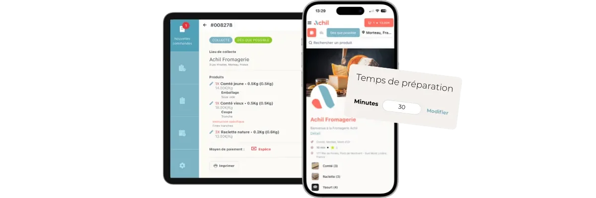 Détail d'une commande en click and collect passée depuis la boutique en ligne fromagerie avec le temps de préparation de celle-ci.