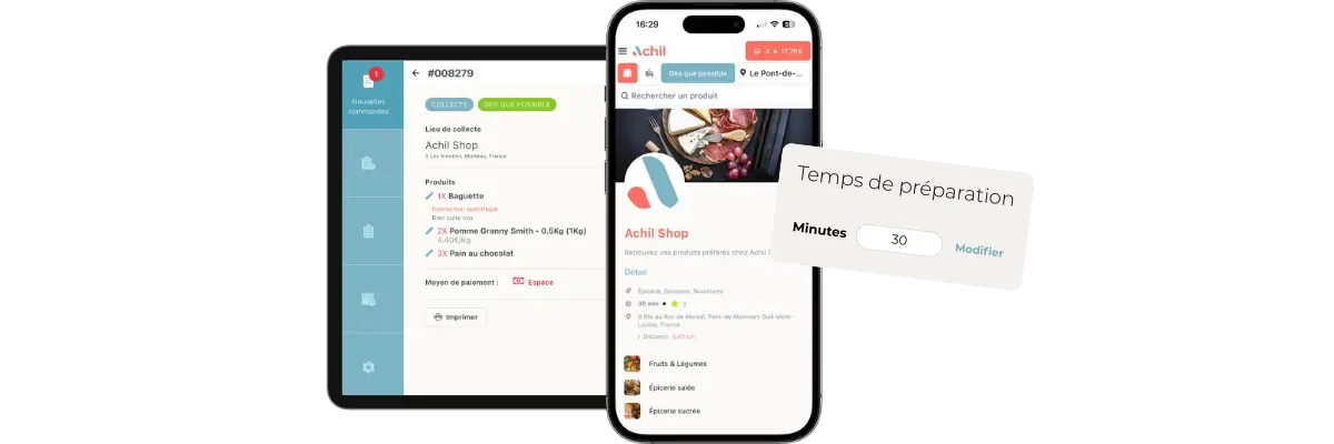 Détail d'une commande en click and collect passée depuis la boutique en ligne d'une épicerie avec le temps de préparation de celle-ci.