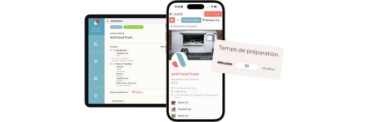 Détail d'une commande en click and collect passée depuis la boutique en ligne d'un food truck avec le temps de préparation de celle-ci.