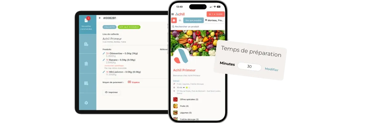 Détail d'une commande en click and collect passée depuis la boutique en ligne d'un primeur avec le temps de préparation de celle-ci.