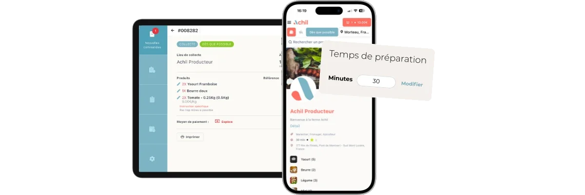 Détail d'une commande en click and collect passée depuis la boutique en ligne d'un producteur avec le temps de préparation de celle-ci.