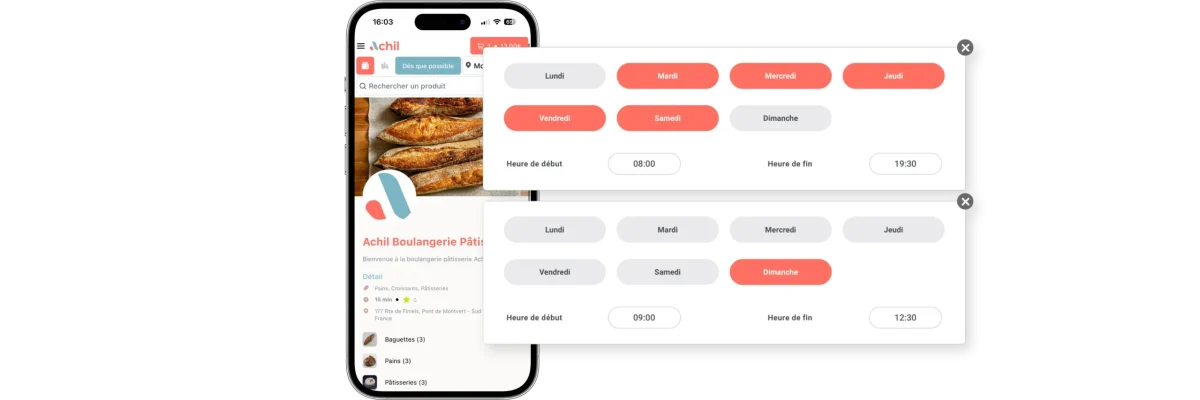 Mockup d'un téléphone montrant les différentes horaire de la boutique en ligne d'une boulangerie pâtisserie