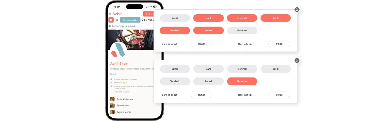 Mockup d'un téléphone montrant les horaires d'ouverture de la boutique en ligne d'une épicerie