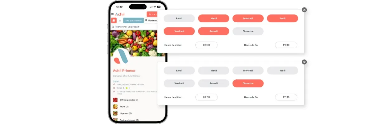 Mockup d'un téléphone montrant les horaires d'ouverture de la boutique en ligne d'un primeur