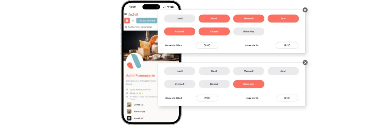mockup d'un site de commande en ligne pour une fromagerie avec les horaires d'ouverture