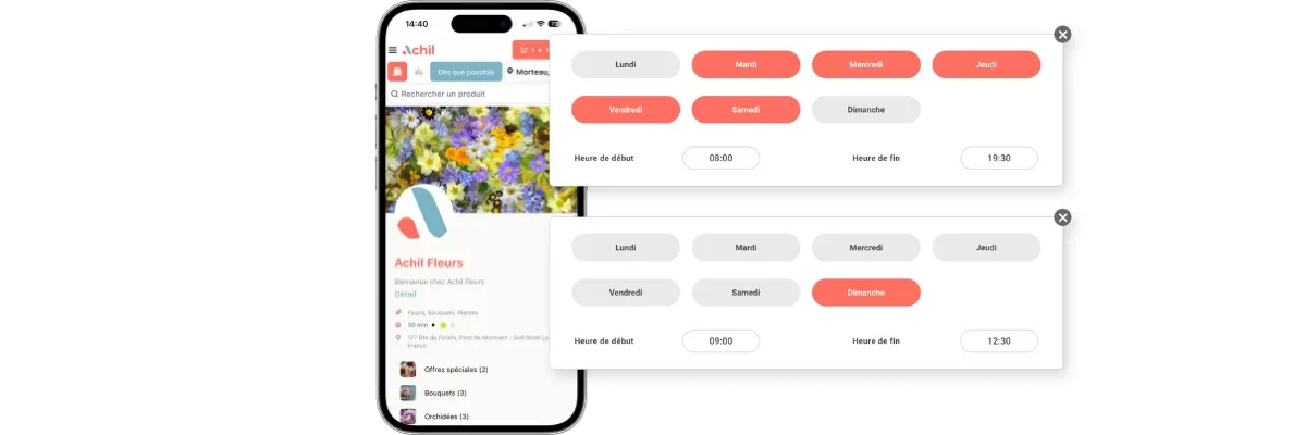 Mockup d'un téléphone montrant les horaires d'ouverture de la boutique en ligne d'un magasin de fleurs