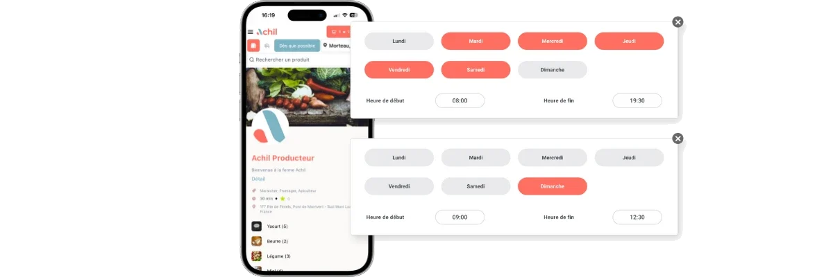 Mockup d'un téléphone montrant les horaires d'ouverture de la boutique en ligne d'un producteur