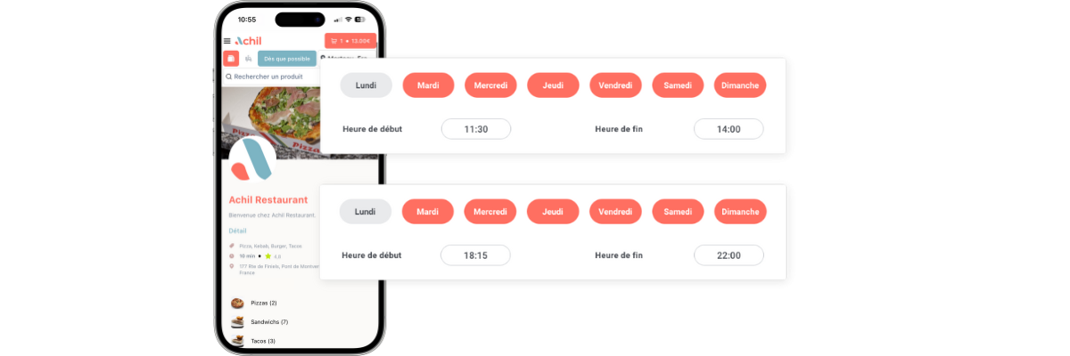 Mockup d'un téléphone montrant les horaires d'ouverture de la boutique en ligne d'un restaurant