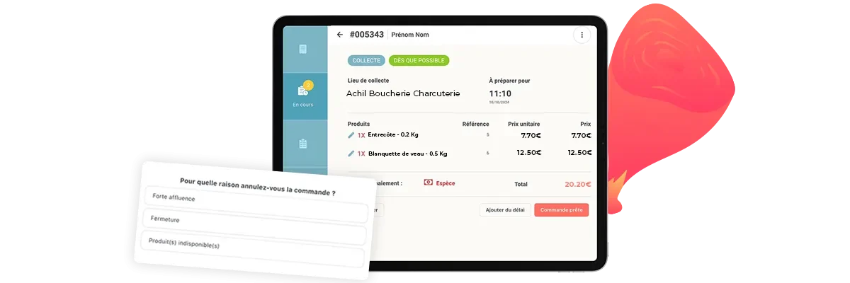 Mockup d'une tablette pour illustrer le fait qu'un boucher charcutier traiteur puissent annuler une commande passée en ligne