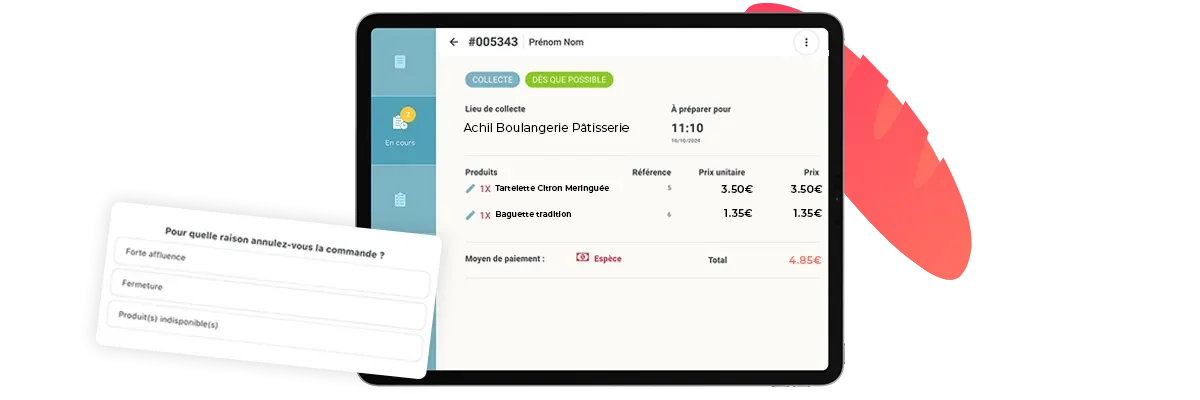 tablette d'une commande en ligne d'une boulangerie pâtisserie sur l'annulation d'une commande en ligne