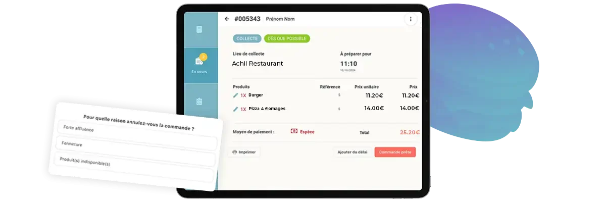 Mockup d'une tablette pour illustrer le fait qu'un restaurateur puissent annuler une commande passée en ligne