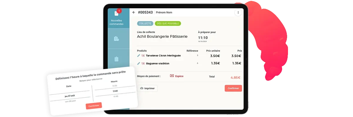 Tablette d'une commande en ligne d'une boulangerie pâtisserie montrant la confirmation de celle-ci avec les différentes horaires